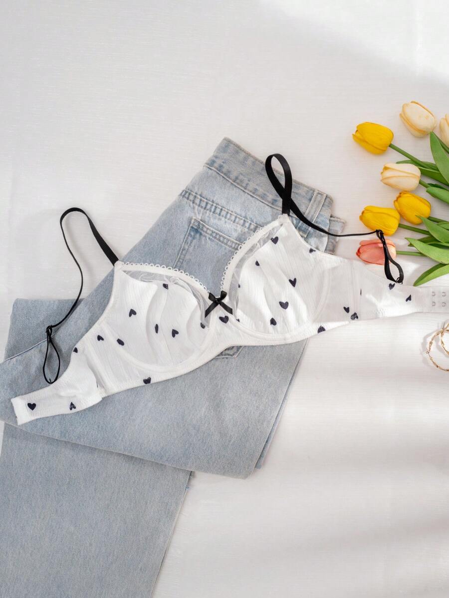 PetitDoll Women Heart-Shaped Print Color Block Bra, Kawaii