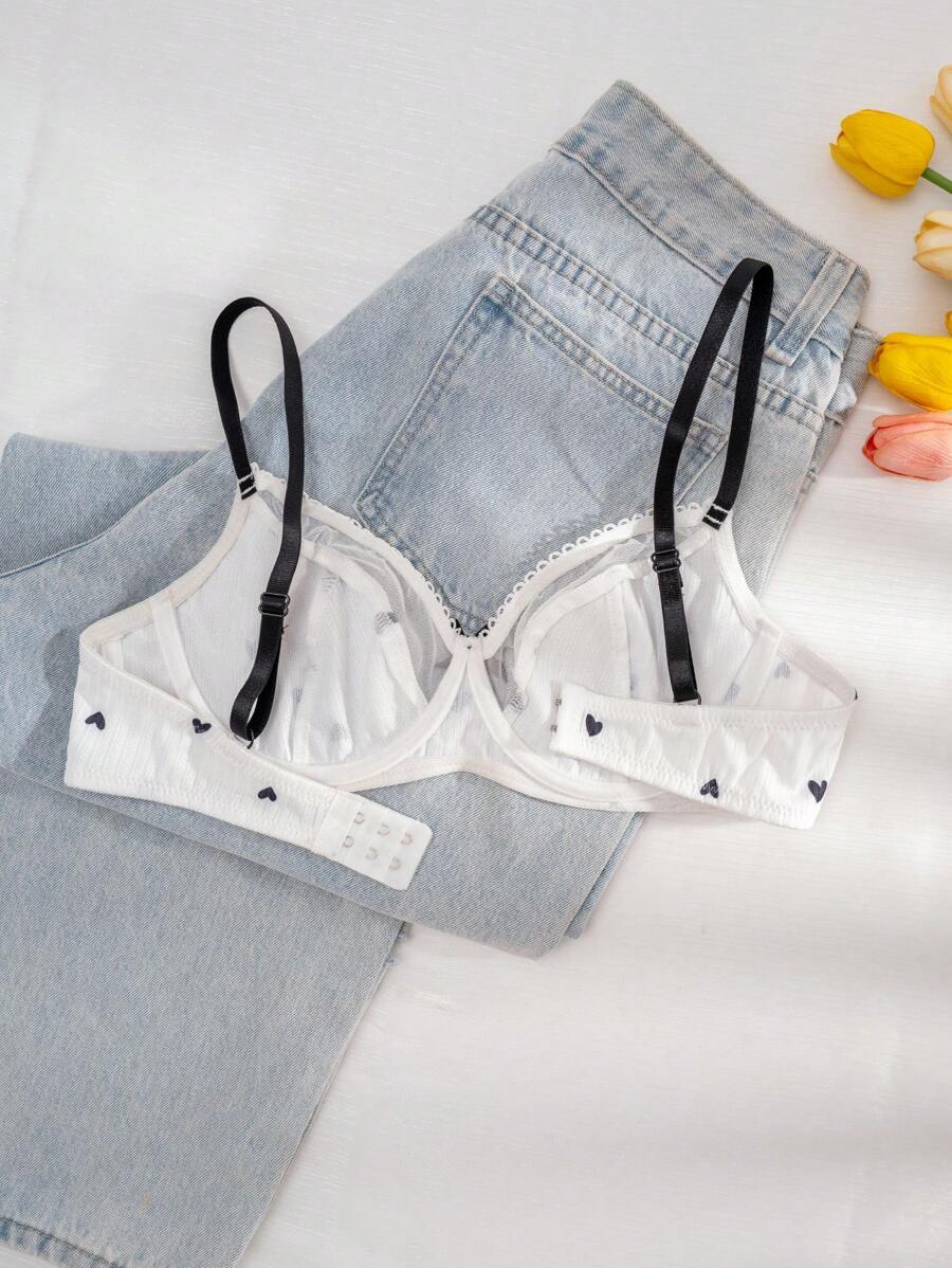 PetitDoll Women Heart-Shaped Print Color Block Bra, Kawaii