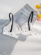 PetitDoll Women Heart-Shaped Print Color Block Bra, Kawaii