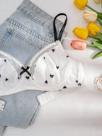 PetitDoll Women Heart-Shaped Print Color Block Bra, Kawaii