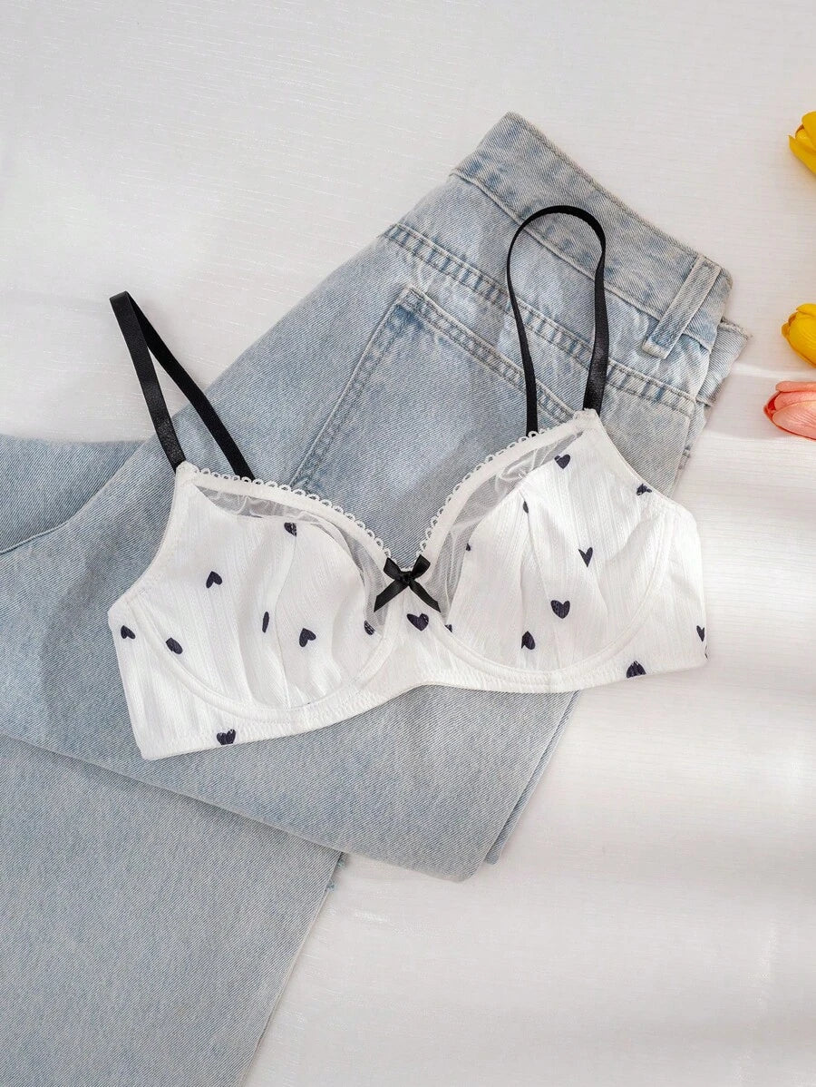 PetitDoll Women Heart-Shaped Print Color Block Bra, Kawaii
