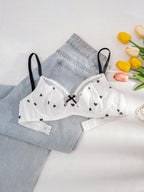 PetitDoll Women Heart-Shaped Print Color Block Bra, Kawaii