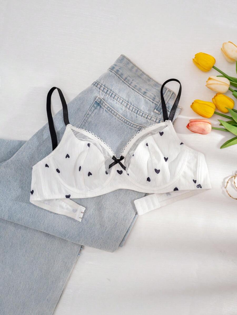 PetitDoll Women Heart-Shaped Print Color Block Bra, Kawaii