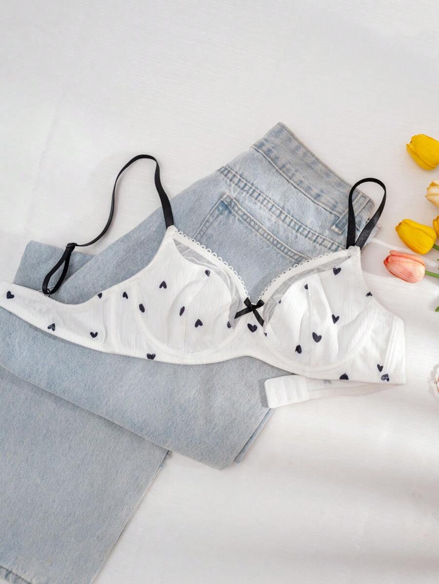 PetitDoll Women Heart-Shaped Print Color Block Bra, Kawaii