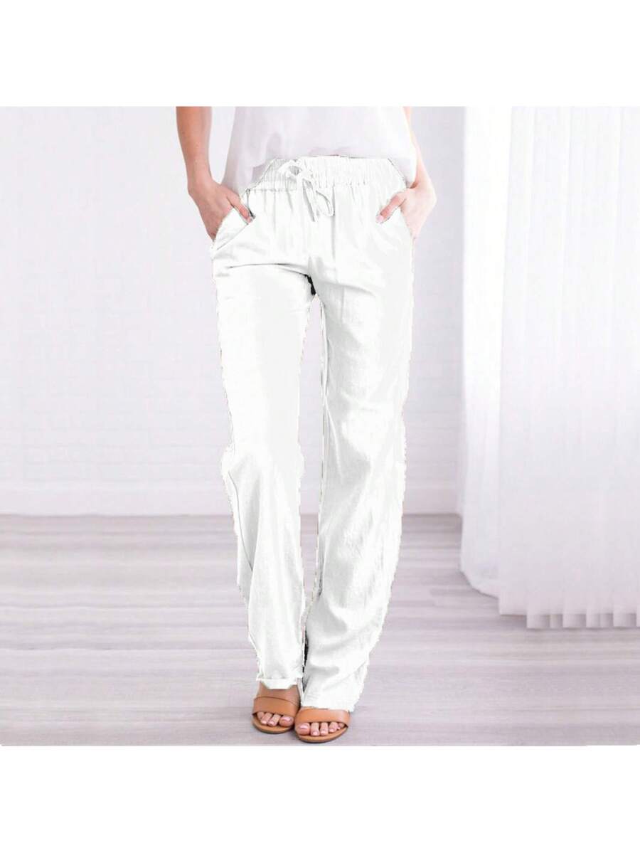 Linen Pants Women Summer Wide Leg Pants Drawstring Elastic Waist Wide Leg Pants High Waisted Lounge Pants Casual Yoga Beach Trousers With Pockets