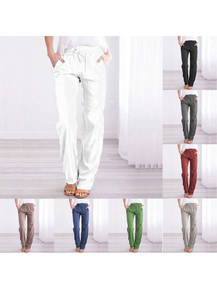 Linen Pants Women Summer Wide Leg Pants Drawstring Elastic Waist Wide Leg Pants High Waisted Lounge Pants Casual Yoga Beach Trousers With Pockets