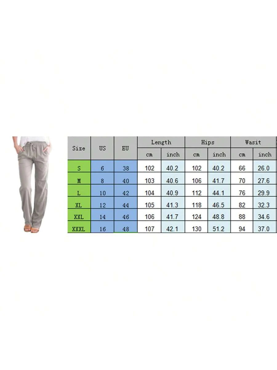 Linen Pants Women Summer Wide Leg Pants Drawstring Elastic Waist Wide Leg Pants High Waisted Lounge Pants Casual Yoga Beach Trousers With Pockets
