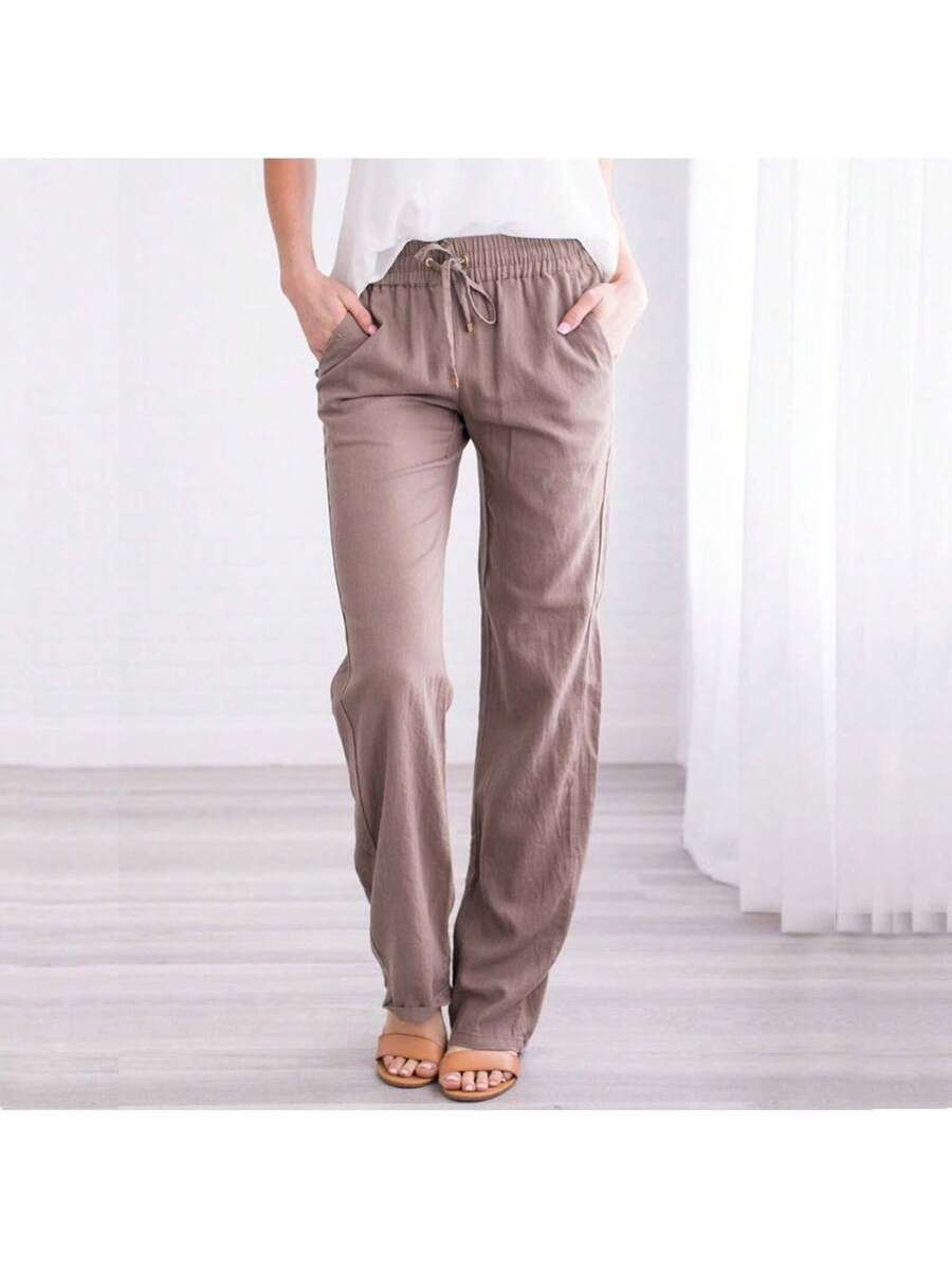 Linen Pants Women Summer Wide Leg Pants Drawstring Elastic Waist Wide Leg Pants High Waisted Lounge Pants Casual Yoga Beach Trousers With Pockets