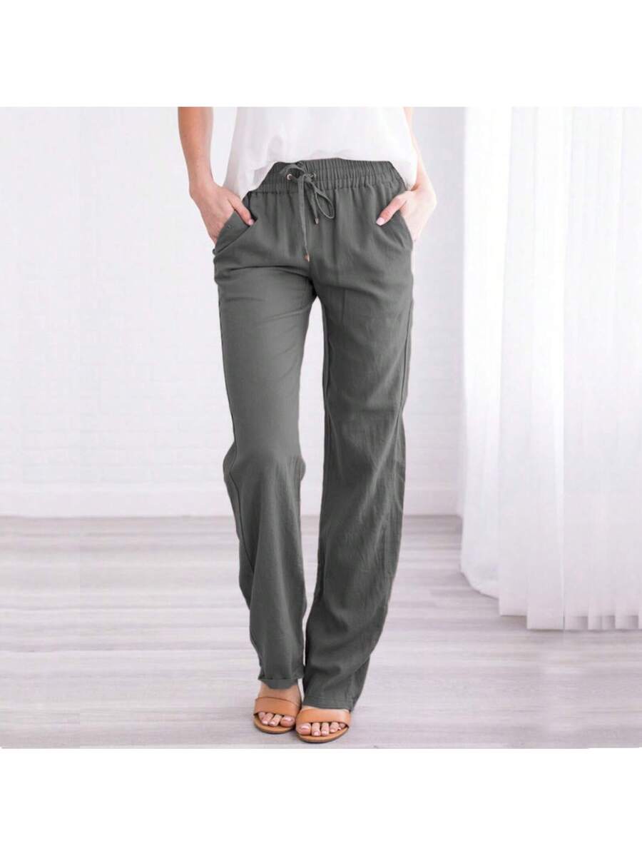 Linen Pants Women Summer Wide Leg Pants Drawstring Elastic Waist Wide Leg Pants High Waisted Lounge Pants Casual Yoga Beach Trousers With Pockets