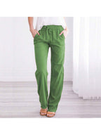 Linen Pants Women Summer Wide Leg Pants Drawstring Elastic Waist Wide Leg Pants High Waisted Lounge Pants Casual Yoga Beach Trousers With Pockets