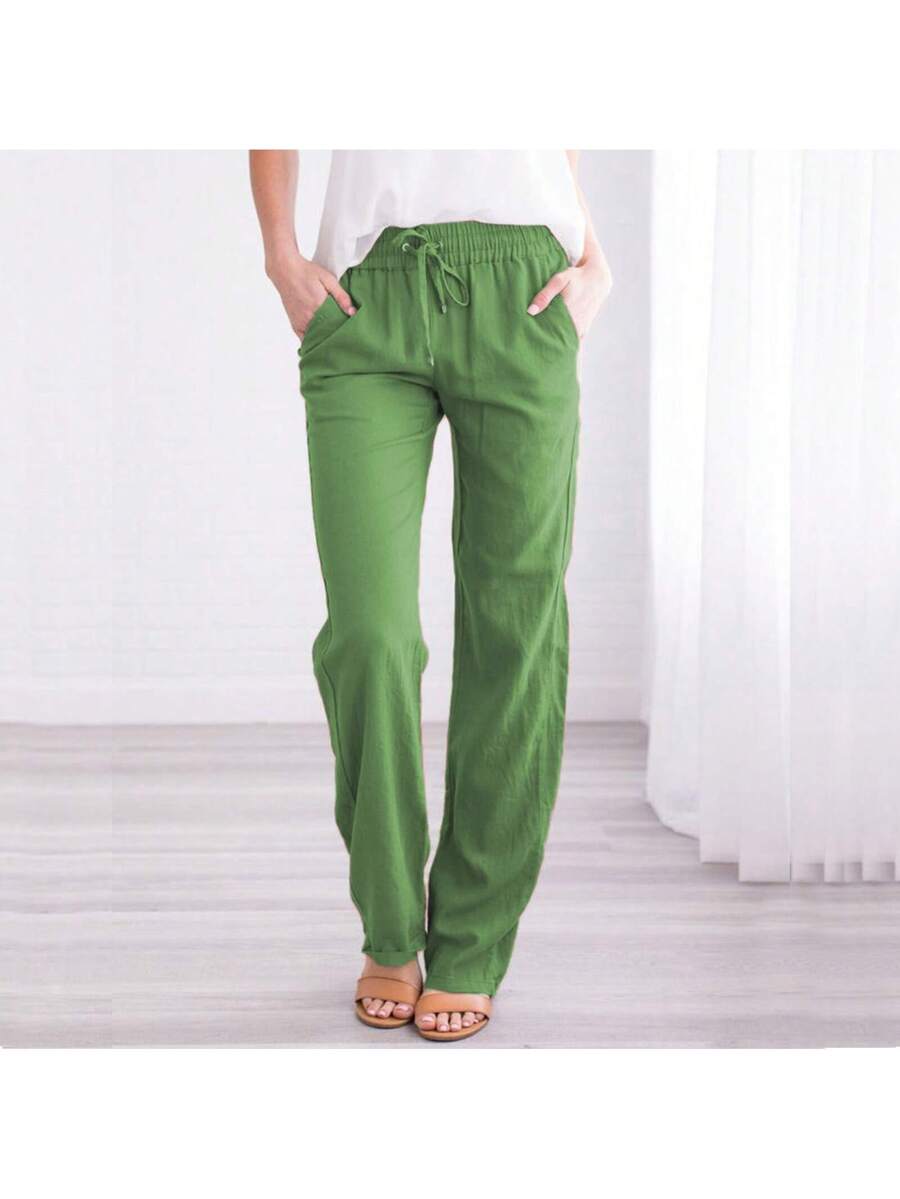 Linen Pants Women Summer Wide Leg Pants Drawstring Elastic Waist Wide Leg Pants High Waisted Lounge Pants Casual Yoga Beach Trousers With Pockets