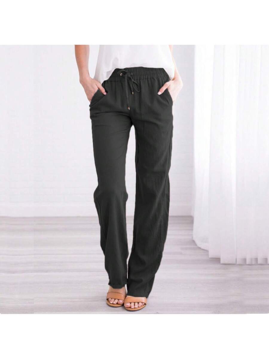 Linen Pants Women Summer Wide Leg Pants Drawstring Elastic Waist Wide Leg Pants High Waisted Lounge Pants Casual Yoga Beach Trousers With Pockets