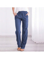 Linen Pants Women Summer Wide Leg Pants Drawstring Elastic Waist Wide Leg Pants High Waisted Lounge Pants Casual Yoga Beach Trousers With Pockets