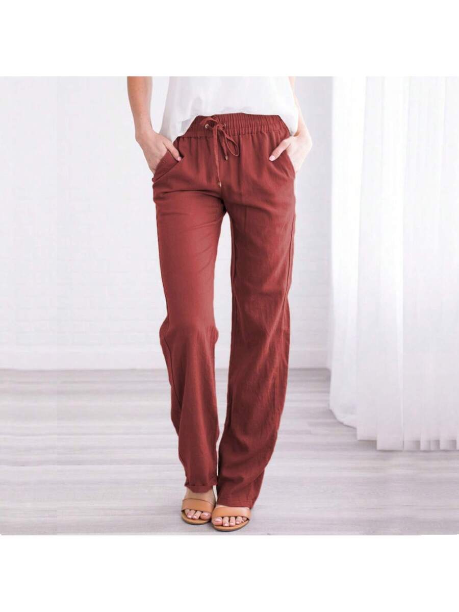 Linen Pants Women Summer Wide Leg Pants Drawstring Elastic Waist Wide Leg Pants High Waisted Lounge Pants Casual Yoga Beach Trousers With Pockets