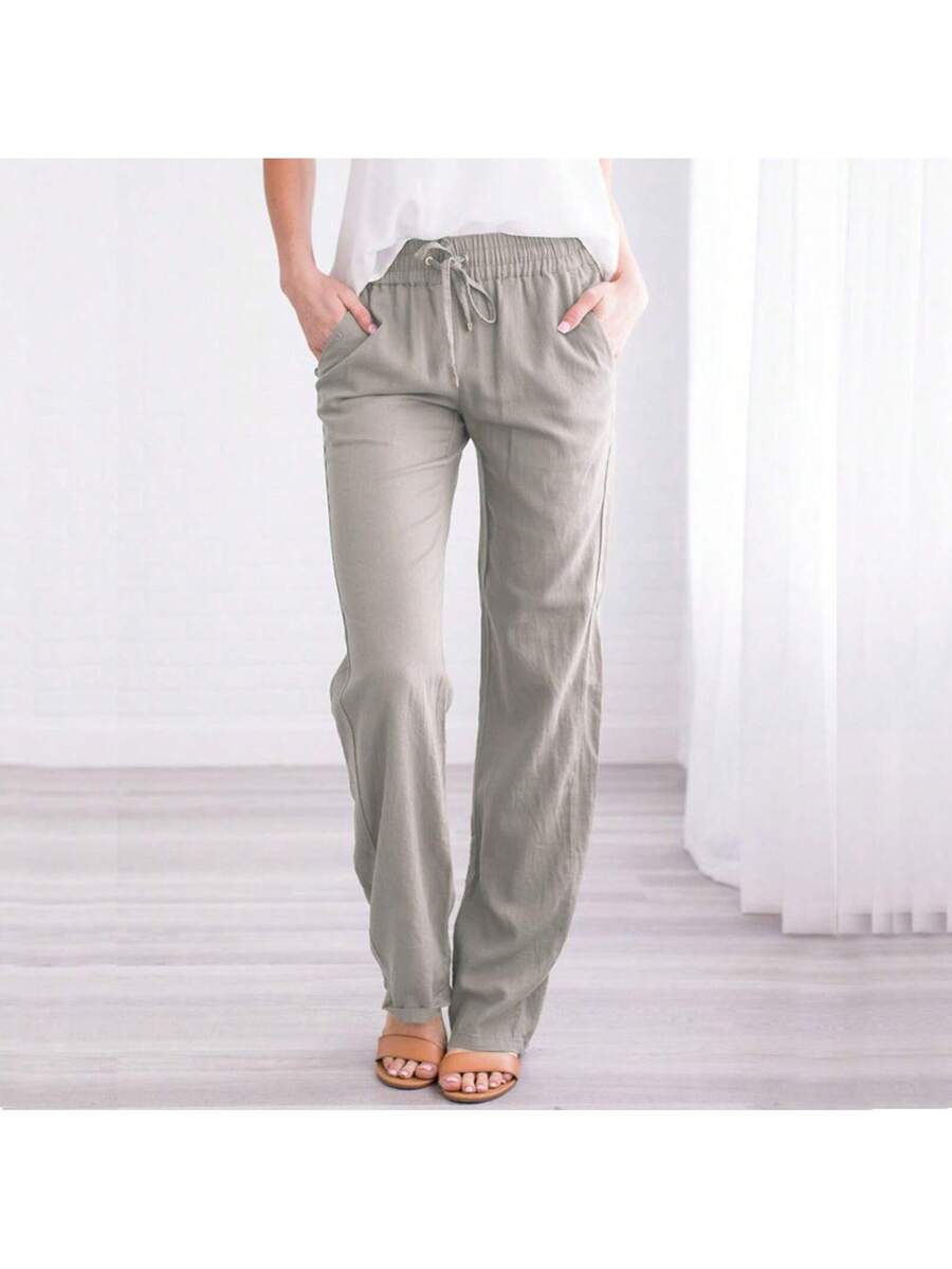 Linen Pants Women Summer Wide Leg Pants Drawstring Elastic Waist Wide Leg Pants High Waisted Lounge Pants Casual Yoga Beach Trousers With Pockets