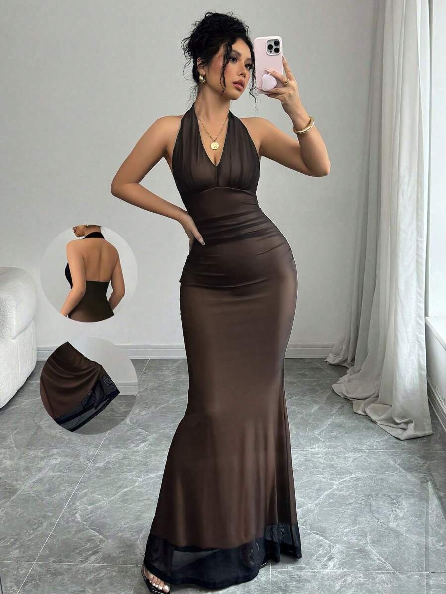 Rafferiza Elegant Bodycon Fishtail Hem V-Neck Waist Pleated Knit Mesh With Rose Red Lining Long Dress For Women, Autumn/Winter Fall Cloth For Women
