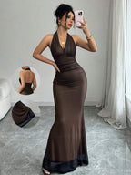 Rafferiza Elegant Bodycon Fishtail Hem V-Neck Waist Pleated Knit Mesh With Rose Red Lining Long Dress For Women, Autumn/Winter Fall Cloth For Women