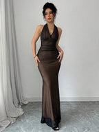 Rafferiza Elegant Bodycon Fishtail Hem V-Neck Waist Pleated Knit Mesh With Rose Red Lining Long Dress For Women, Autumn/Winter Fall Cloth For Women