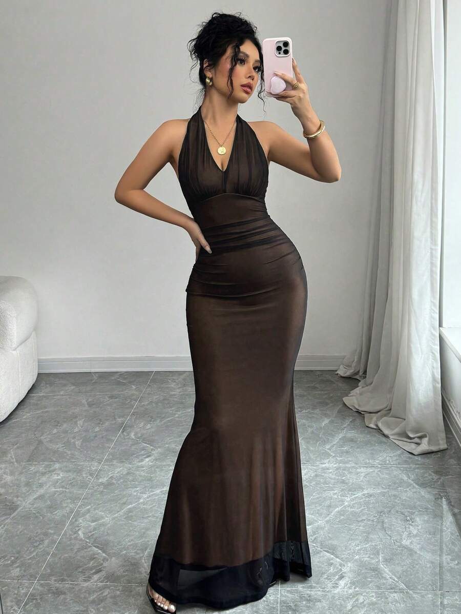 Rafferiza Elegant Bodycon Fishtail Hem V-Neck Waist Pleated Knit Mesh With Rose Red Lining Long Dress For Women, Autumn/Winter Fall Cloth For Women