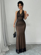Rafferiza Elegant Bodycon Fishtail Hem V-Neck Waist Pleated Knit Mesh With Rose Red Lining Long Dress For Women, Autumn/Winter Fall Cloth For Women