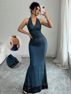 Rafferiza Elegant Bodycon Fishtail Hem V-Neck Waist Pleated Knit Mesh With Rose Red Lining Long Dress For Women, Autumn/Winter Fall Cloth For Women