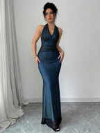 Rafferiza Elegant Bodycon Fishtail Hem V-Neck Waist Pleated Knit Mesh With Rose Red Lining Long Dress For Women, Autumn/Winter Fall Cloth For Women
