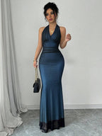 Rafferiza Elegant Bodycon Fishtail Hem V-Neck Waist Pleated Knit Mesh With Rose Red Lining Long Dress For Women, Autumn/Winter Fall Cloth For Women