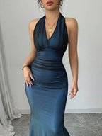 Rafferiza Elegant Bodycon Fishtail Hem V-Neck Waist Pleated Knit Mesh With Rose Red Lining Long Dress For Women, Autumn/Winter Fall Cloth For Women