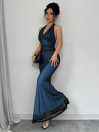 Rafferiza Elegant Bodycon Fishtail Hem V-Neck Waist Pleated Knit Mesh With Rose Red Lining Long Dress For Women, Autumn/Winter Fall Cloth For Women