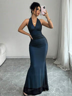 Rafferiza Elegant Bodycon Fishtail Hem V-Neck Waist Pleated Knit Mesh With Rose Red Lining Long Dress For Women, Autumn/Winter Fall Cloth For Women