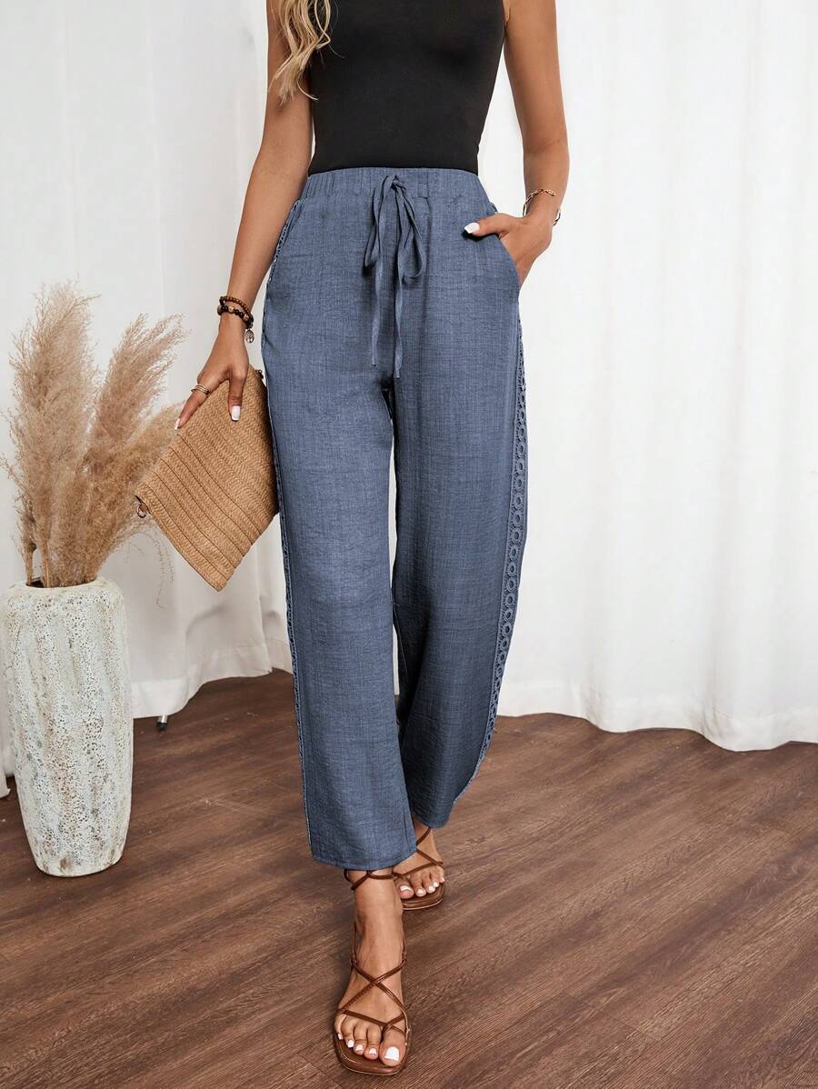 EMERY ROSE Women's Denim Effect Linen Blend Pants With Lace Hem Fall Cloth For Women