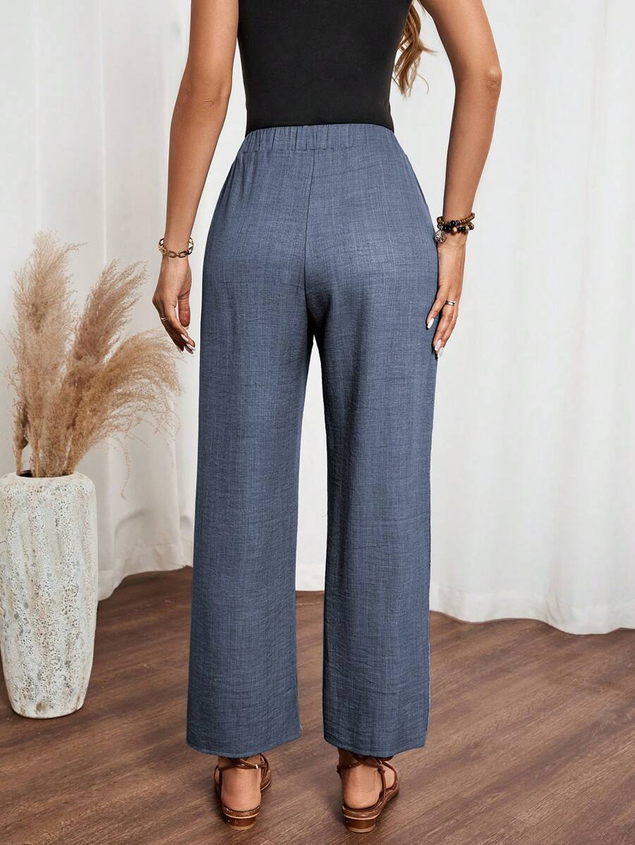 EMERY ROSE Women's Denim Effect Linen Blend Pants With Lace Hem Fall Cloth For Women