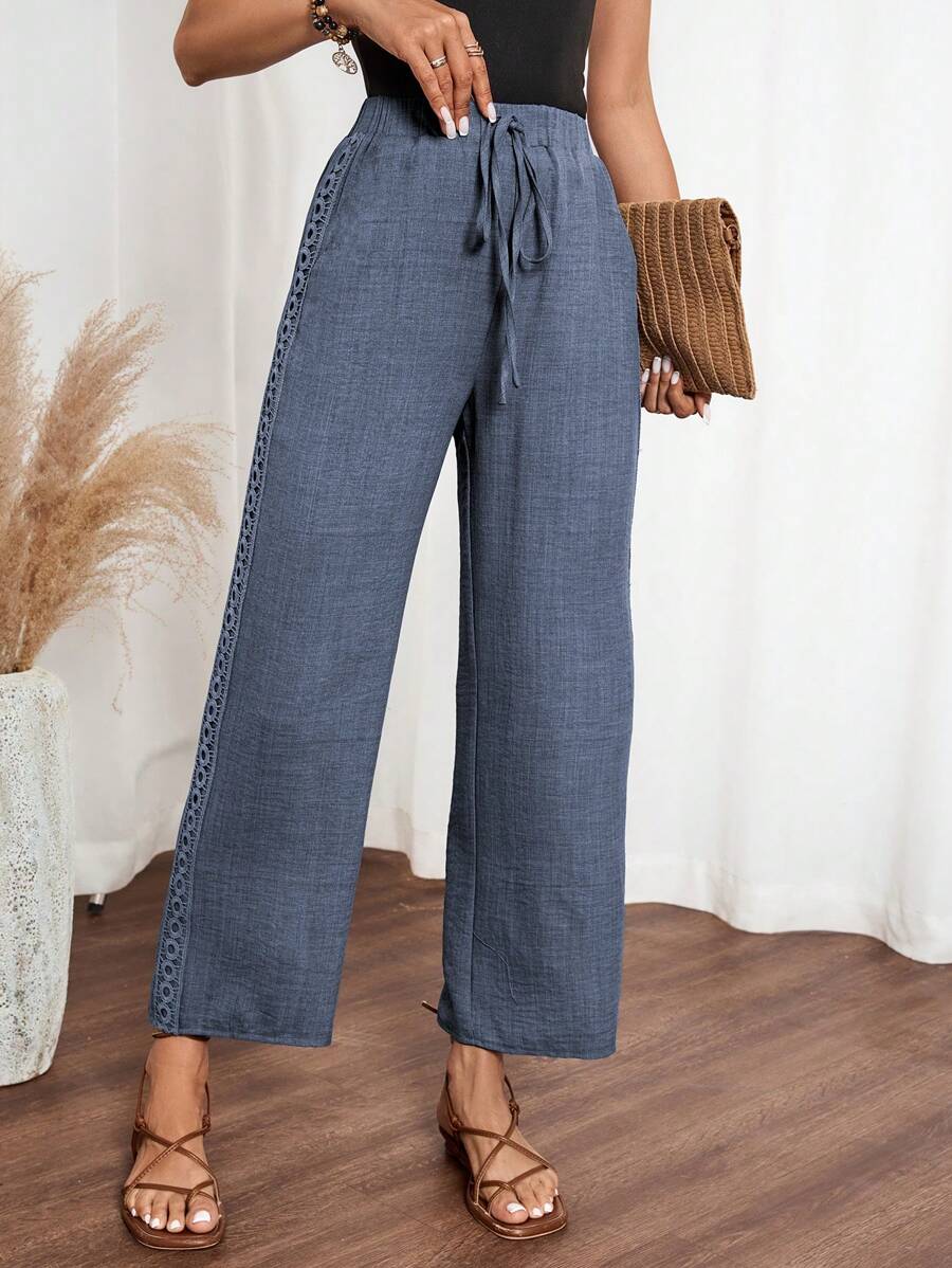 EMERY ROSE Women's Denim Effect Linen Blend Pants With Lace Hem Fall Cloth For Women