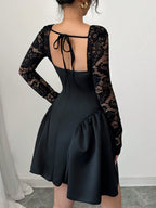 SHEIN Allurite Holiday Costume Dress Christmas Party Ball White Lace Long Sleeve Princess Tutu Sexy Mini Dress;Fall Women Clothes;Holiday Party Dress;New Year Eve Dress;New Years Women Outfit,Valentine's Day Mini Dress, Spring/Summer Mini Dress,Black And White Stitching Black Corset Dress Dinner Date Dress Sweetheart Neckline Dress Corset Top Dress Wine Dress Maroon Dress