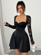 SHEIN Allurite Holiday Costume Dress Christmas Party Ball White Lace Long Sleeve Princess Tutu Sexy Mini Dress;Fall Women Clothes;Holiday Party Dress;New Year Eve Dress;New Years Women Outfit,Valentine's Day Mini Dress, Spring/Summer Mini Dress,Black And White Stitching Black Corset Dress Dinner Date Dress Sweetheart Neckline Dress Corset Top Dress Wine Dress Maroon Dress