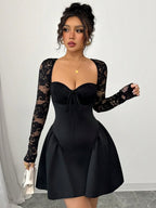 SHEIN Allurite Holiday Costume Dress Christmas Party Ball White Lace Long Sleeve Princess Tutu Sexy Mini Dress;Fall Women Clothes;Holiday Party Dress;New Year Eve Dress;New Years Women Outfit,Valentine's Day Mini Dress, Spring/Summer Mini Dress,Black And White Stitching Black Corset Dress Dinner Date Dress Sweetheart Neckline Dress Corset Top Dress Wine Dress Maroon Dress