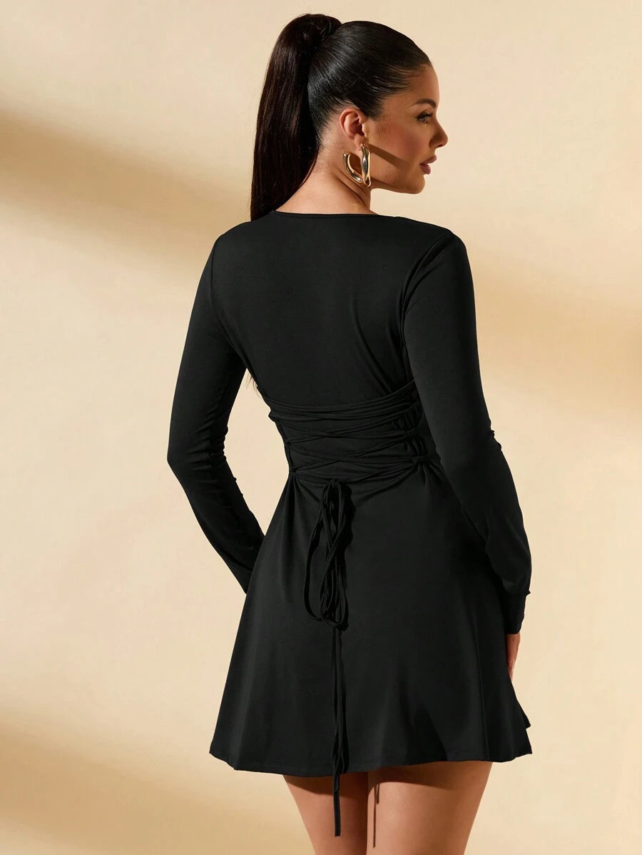 SHEIN BAE Women's Slim-Fitting Long-Sleeved High-Neck Mini Dress With Ruffled Hem, Coffee Color, Suitable For Layering, Dating Or Commuting In Autumn And Winter, Elegant Card Dress Umbrella Skirt Office Wear Work Wear Autumn Inner Wear,Summer Dresses For Women,Tea Party Dress