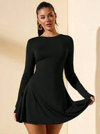 SHEIN BAE Women's Slim-Fitting Long-Sleeved High-Neck Mini Dress With Ruffled Hem, Coffee Color, Suitable For Layering, Dating Or Commuting In Autumn And Winter, Elegant Card Dress Umbrella Skirt Office Wear Work Wear Autumn Inner Wear,Summer Dresses For Women,Tea Party Dress