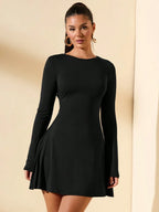SHEIN BAE Women's Slim-Fitting Long-Sleeved High-Neck Mini Dress With Ruffled Hem, Coffee Color, Suitable For Layering, Dating Or Commuting In Autumn And Winter, Elegant Card Dress Umbrella Skirt Office Wear Work Wear Autumn Inner Wear,Summer Dresses For Women,Tea Party Dress