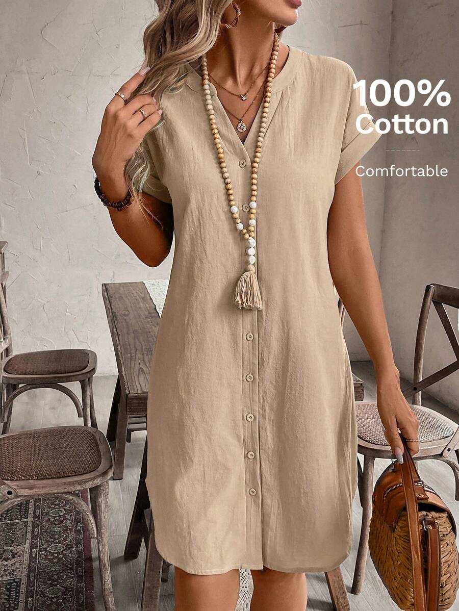 EMERY ROSE Solid Notched Button Front Batwing Sleeve Shirt Dress,Summer Dresses For Women