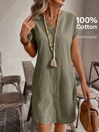 EMERY ROSE Solid Notched Button Front Batwing Sleeve Shirt Dress,Summer Dresses For Women