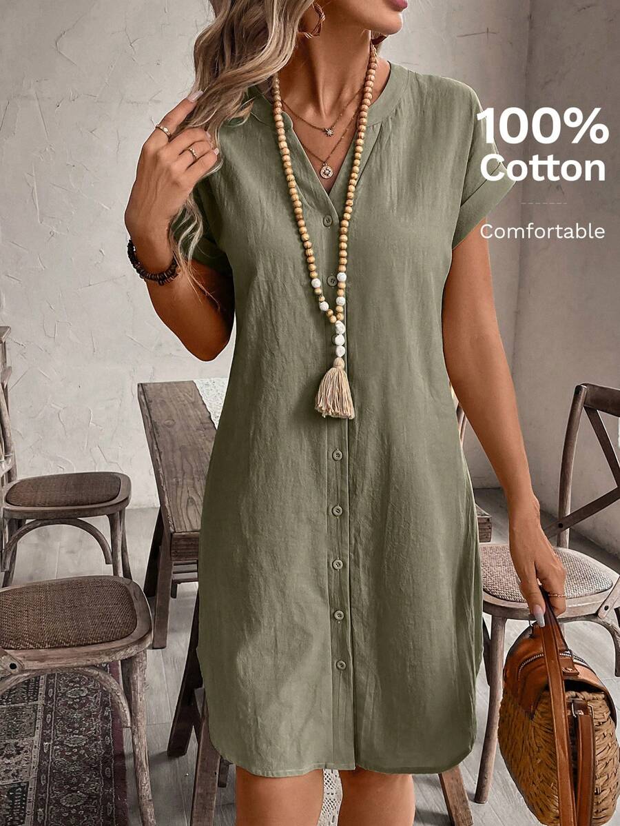 EMERY ROSE Solid Notched Button Front Batwing Sleeve Shirt Dress,Summer Dresses For Women