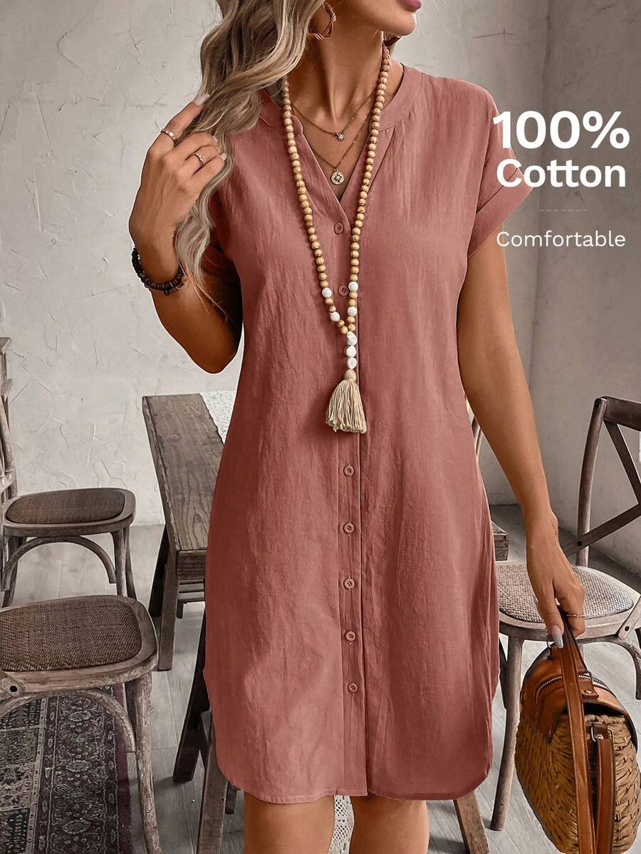 EMERY ROSE Solid Notched Button Front Batwing Sleeve Shirt Dress,Summer Dresses For Women