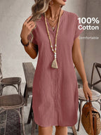 EMERY ROSE Solid Notched Button Front Batwing Sleeve Shirt Dress,Summer Dresses For Women