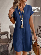 EMERY ROSE Solid Notched Button Front Batwing Sleeve Shirt Dress,Summer Dresses For Women