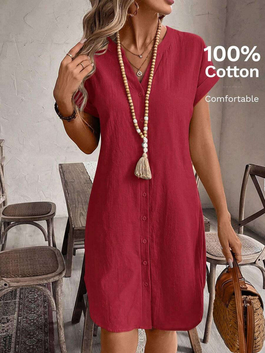 EMERY ROSE Solid Notched Button Front Batwing Sleeve Shirt Dress,Summer Dresses For Women