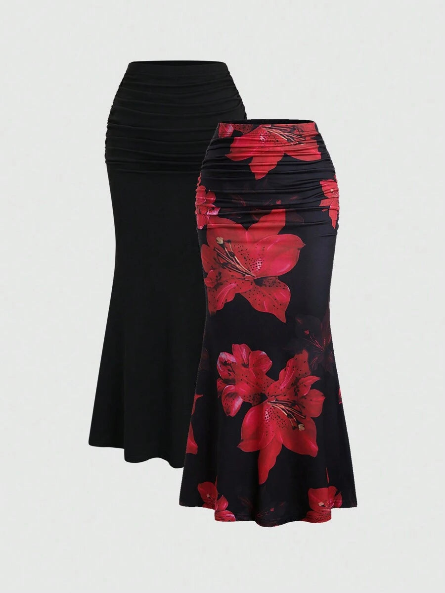 Sweetra 2pcs Women's Elegant Party Solid Color Mermaid Skirt And Floral Print Skirt Set Fall Cloth For Women