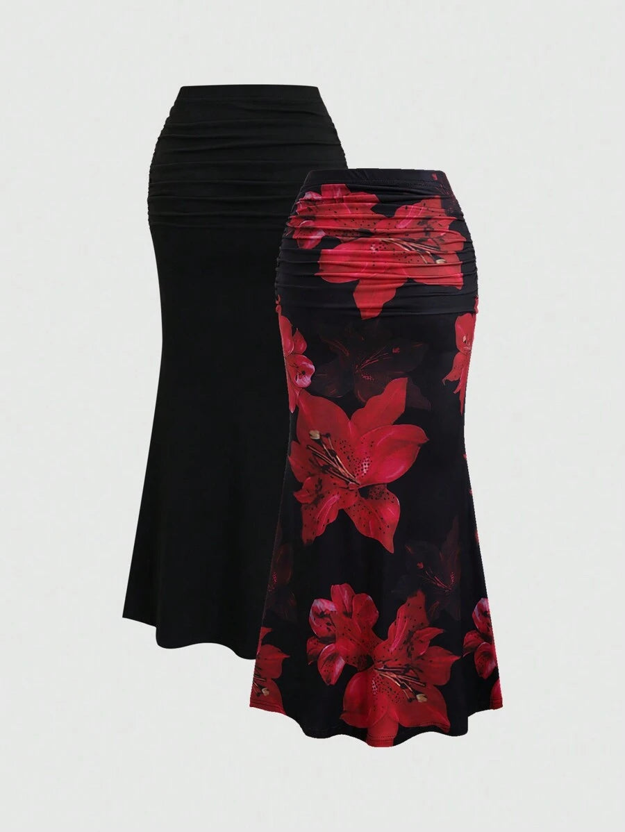 Sweetra 2pcs Women's Elegant Party Solid Color Mermaid Skirt And Floral Print Skirt Set Fall Cloth For Women