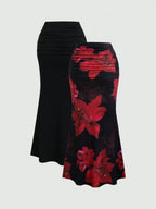 Sweetra 2pcs Women's Elegant Party Solid Color Mermaid Skirt And Floral Print Skirt Set Fall Cloth For Women