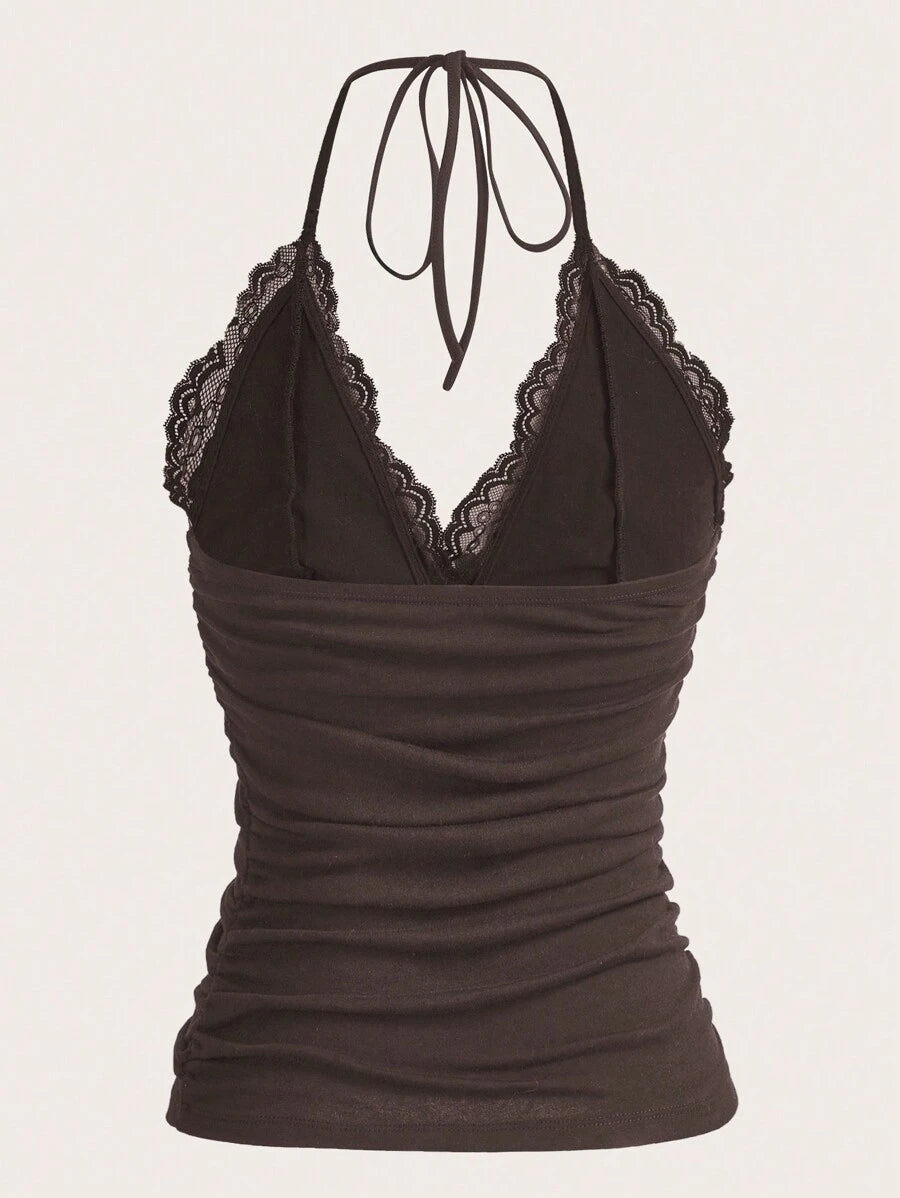 ROMWE PUNK Contrast Lace Ruched Halter Top